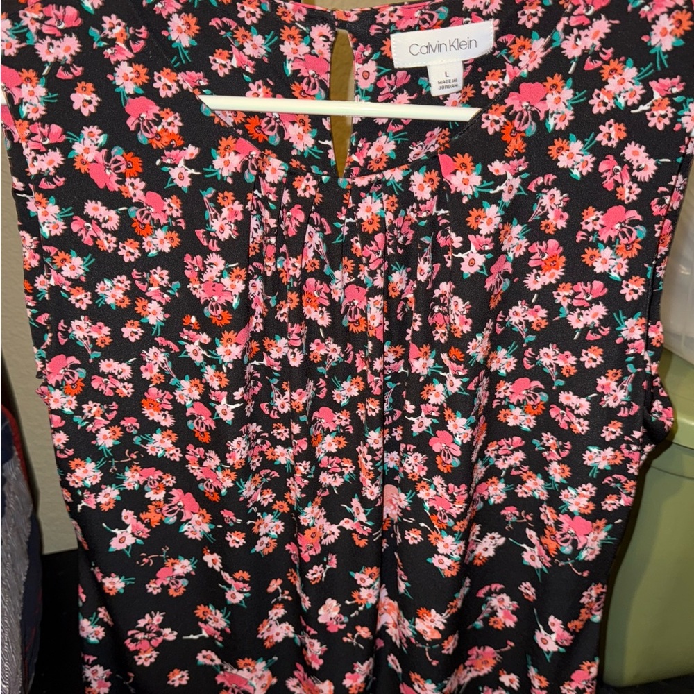 Calvin Klein Black with Pink Floral Pattern Sleeveless Blouse.